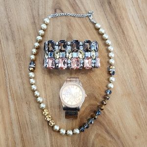 Blingy Jewelry Bundle, Necklace, Bracelet, Watch, Gold & Silver Tones